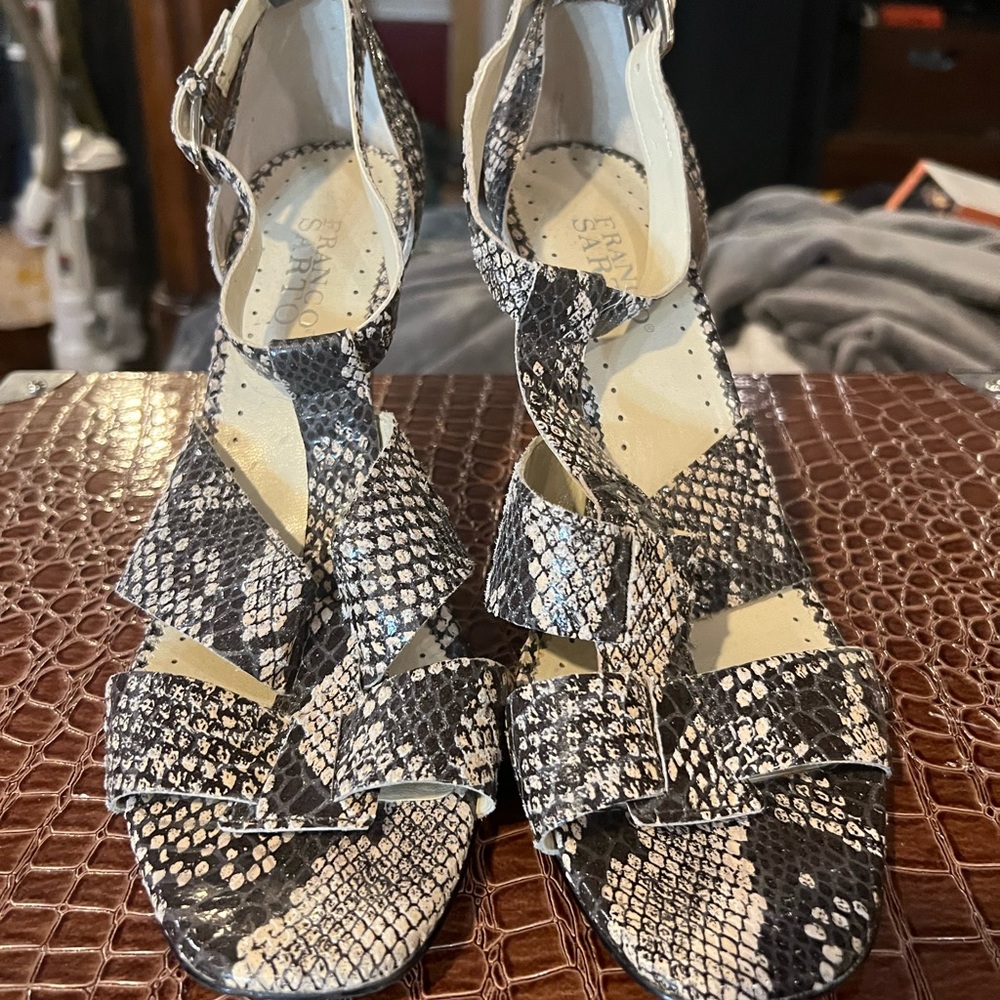 Franco Sarto Black and White Sandals with Snakeskin Print